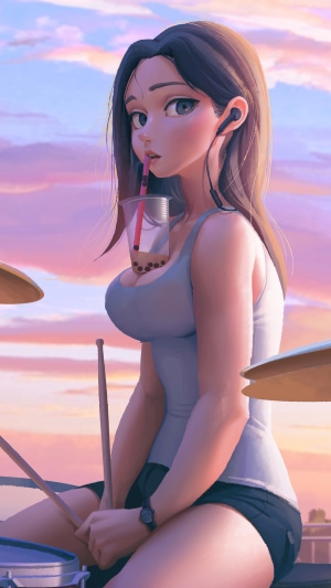 Girl with bubble tea playing drums at sunset