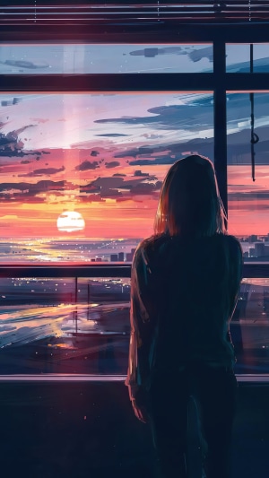 Girl watching sunset over city