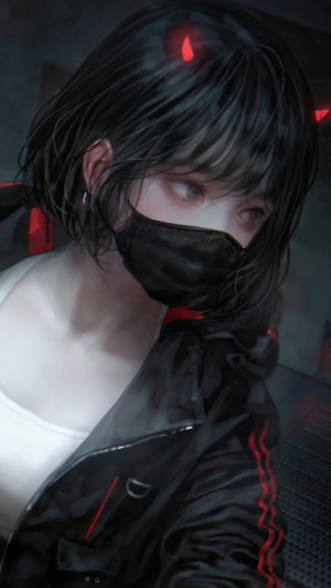 Anime girl with black hair and red horns wearing a mask