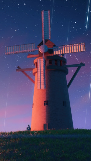 A lone figure sits by a windmill under a starry night sky with shooting stars.
