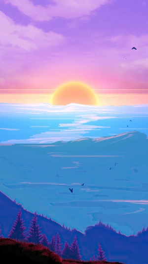Minimalist sunset over mountains and ocean