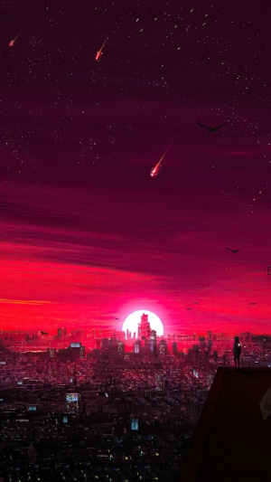Cityscape at sunset with falling stars