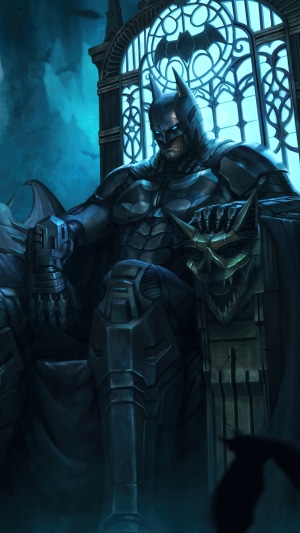Batman sitting on a throne in a gothic hall