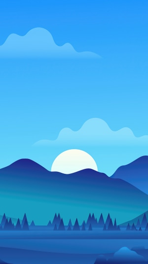 Minimalist mountain landscape with sun and clouds