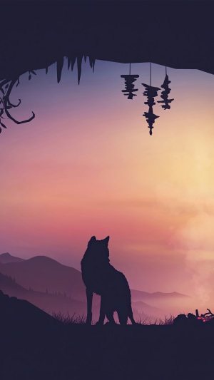 Silhouette of a wolf in a cave at sunset