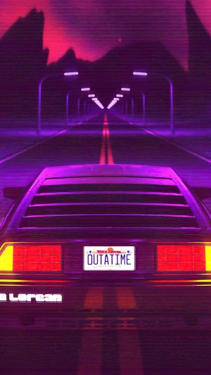DeLorean with OUTATIME license plate on a synthwave road