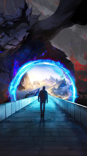 Man walks through a portal to a mountain landscape