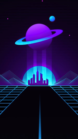 Retro-futuristic cityscape with a planet and rings
