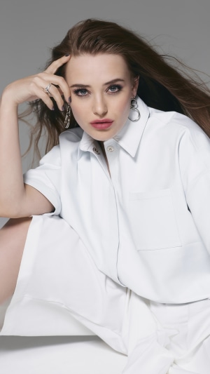 Katherine Langford in a white shirt photoshoot