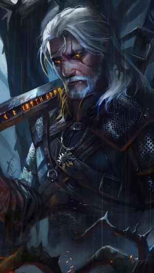 Geralt of Rivia from The Witcher holding a sword