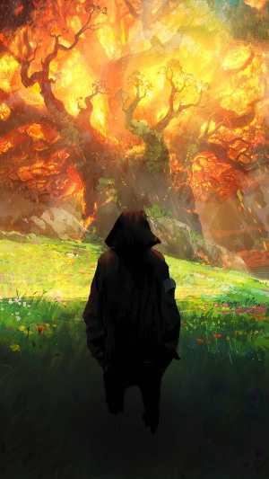 Person in a dark cloak facing a glowing fantasy tree