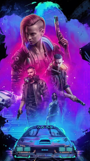 Cyberpunk 2077: V and Johnny Silverhand with a DeLorean
