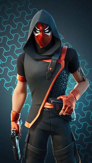 Fortnite character with red mask and hood