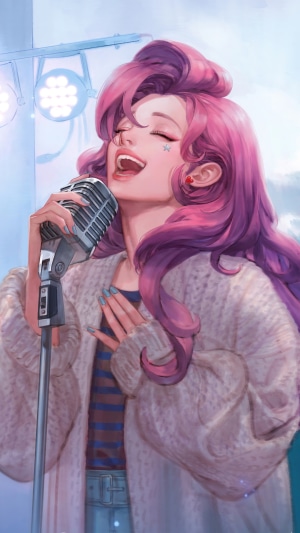 Seraphine from League of Legends singing into a microphone