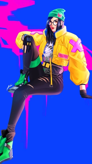 Killjoy from Valorant sitting with a blue and pink background