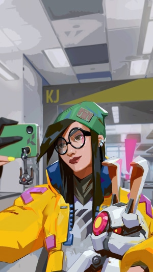 Killjoy from Valorant taking a selfie with her turret