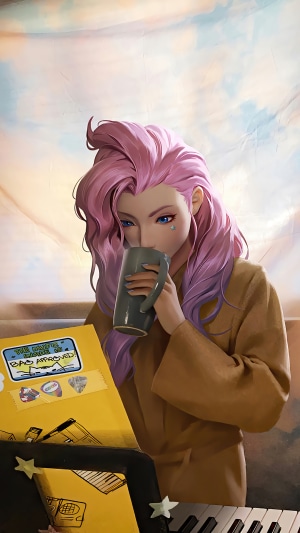 Seraphine from League of Legends drinking coffee