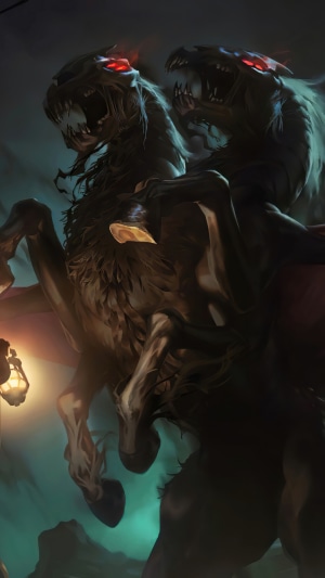 Two demonic hounds on a dark horse from Legends of Runeterra