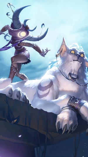 Diana and a large white creature from Legends of Runeterra