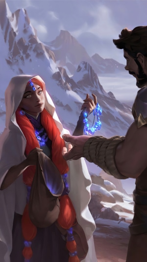 Girl from Targon offering a necklace to a man