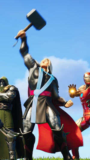 Thor, Iron Man, and Doctor Doom from Fortnite