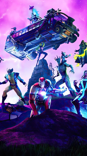 Fortnite Battle Royale Marvel characters with Battle Bus