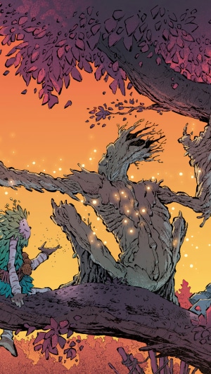 Groot and a fairy-like creature in a tree