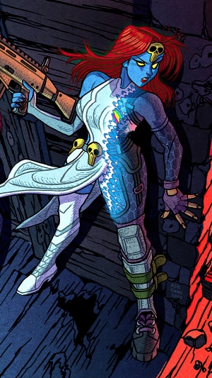 Mystique from Fortnite holding a rifle