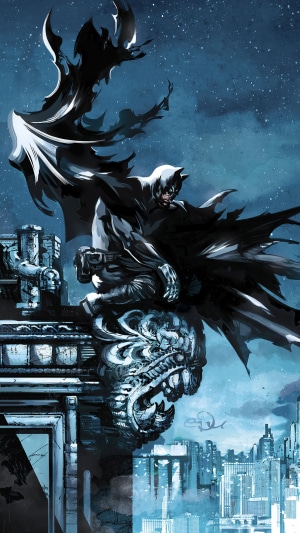 Batman from DC Comics sitting on a gargoyle overlooking a city