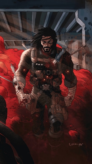 BRZRKR comic cover with a wounded warrior