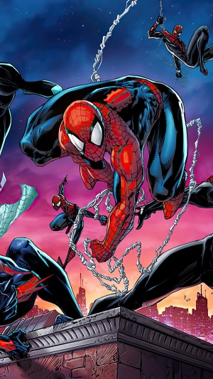 Spider-Man and other Spider-People in a city at night