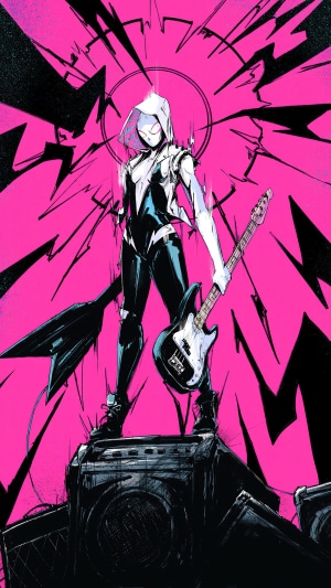 Spider-Gwen from Marvel Comics holding a bass guitar