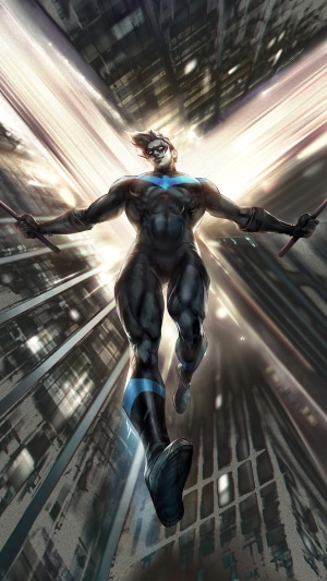 Nightwing from DC Comics in a city
