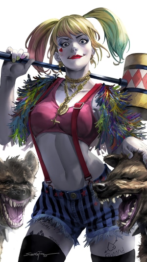 Harley Quinn from DC Comics with Hyenas
