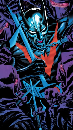 Batman Beyond fighting ninjas with swords