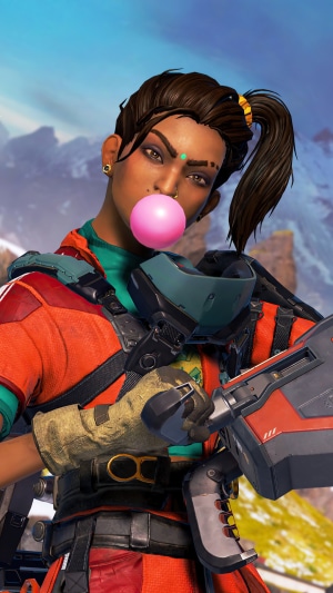 Rampart from Apex Legends chewing bubblegum