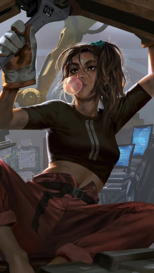 Rampart from Apex Legends working on machinery