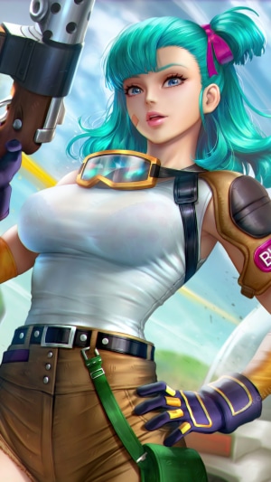 Bulma from Dragon Ball Z holding a gun