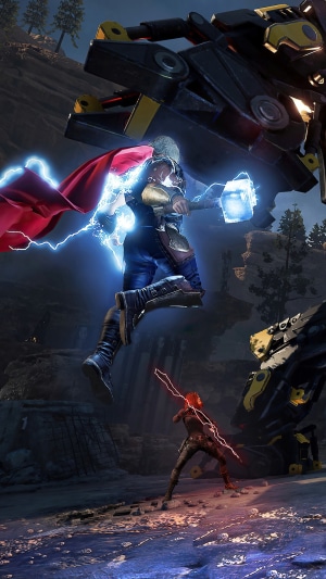 Thor and Black Widow from Marvel's Avengers fighting a robot