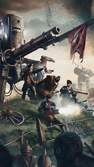 Iron Harvest soldiers with mech and bear