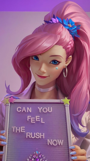 Seraphine from League of Legends holding a sign