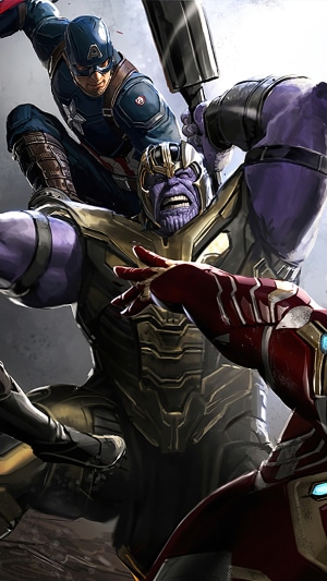 Thanos fighting Captain America and Iron Man