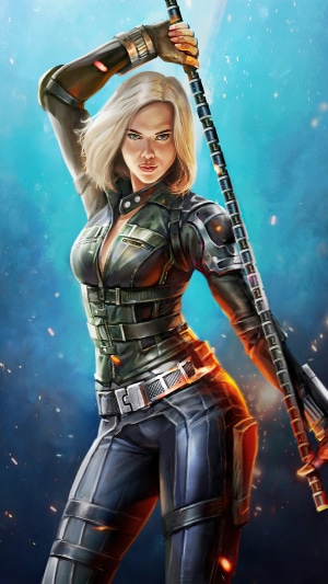 Black Widow (Natasha Romanoff) holding a staff