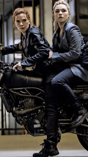 Natasha Romanoff and Yelena Belova on a motorcycle