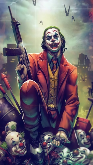 Joker with a rifle surrounded by clown masks
