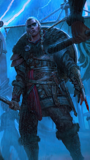 Eivor from Assassins Creed Valhalla in the rain