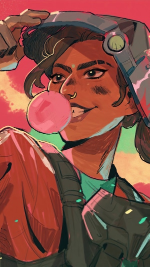 Rampart from Apex Legends blowing bubblegum