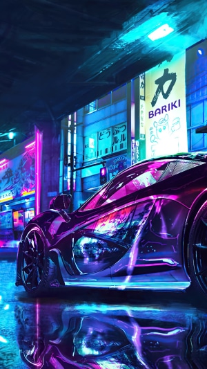 McLaren supercar in a neon-lit cyberpunk city at night