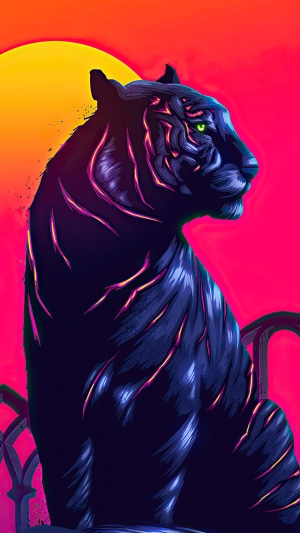 Black tiger with glowing stripes against a sunset