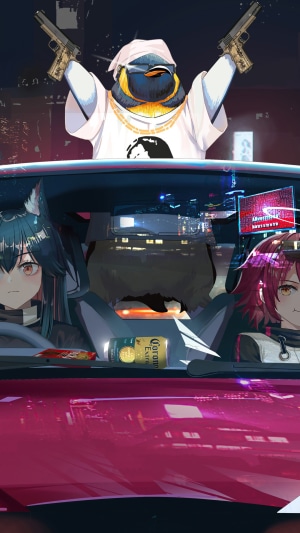 Penguin from Arknights with guns in a car with anime girls